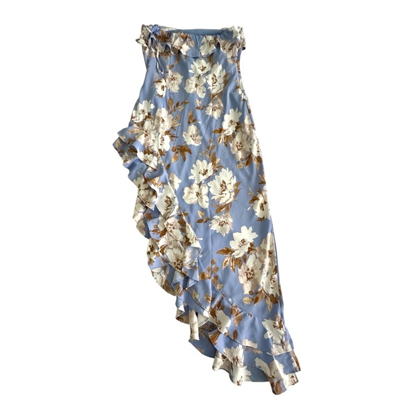 Abercrombie & Fitch Blue Floral Asymmetrical Ruffle Midi Dress | Size L - Picture 8 of 16